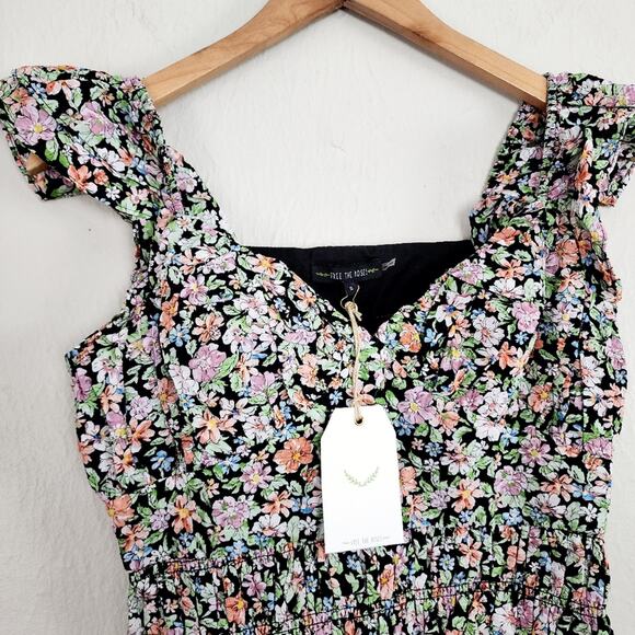 NEW Free The Roses Ditsy Floral Smocked Mini Dress Black - Picture 6 of 14